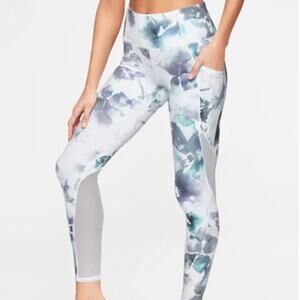 Athleta Watercolor Floral 7/8 Leggings Lilac Mesh Cutouts Size Small